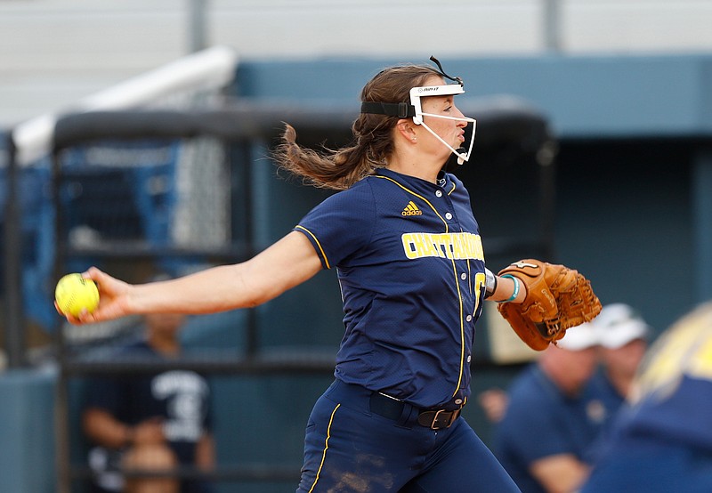 UTC's Celie Hudson pitches against UNC Greensboro during the SoCon softball tournament's title round on May 11, 2019, at Frost Stadium. / Staff photo