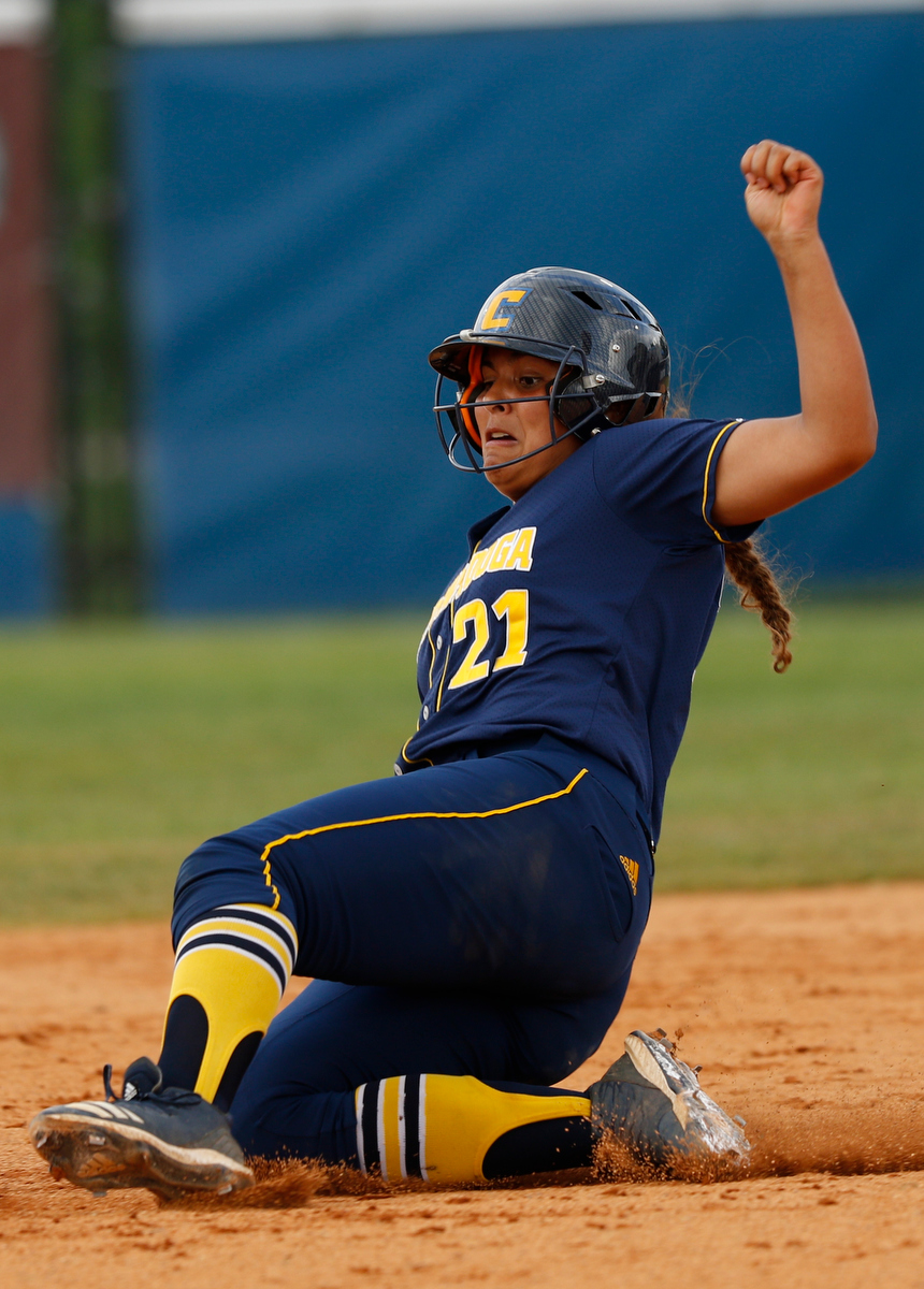 Chattanooga runner Cameren Swafford slides into 2nd base on an RBI double during the Mocs' SoCon softball championship game against the UNCG Spartans at Frost Stadium on Saturday, May 11, 2019, in Chattanooga, Tenn.