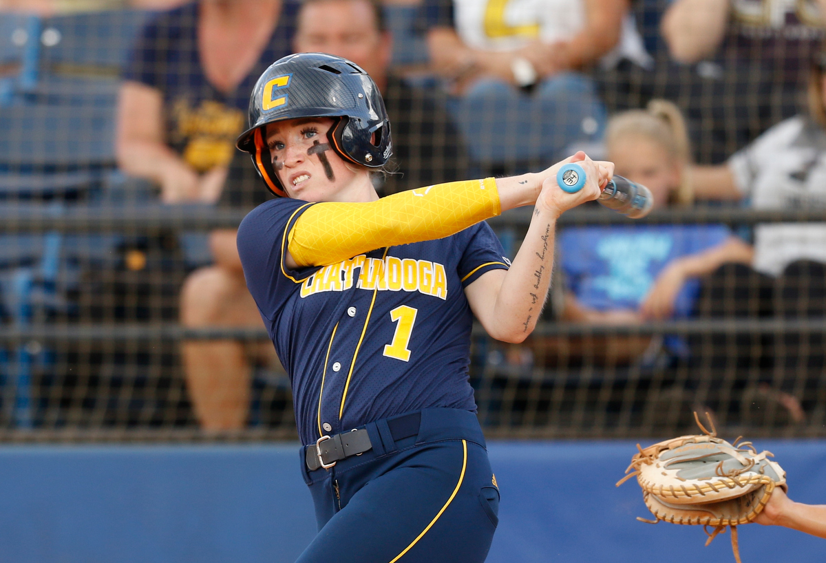 Chattanooga's Alyssa Coppinger bats during the Mocs' SoCon softball championship game against the UNCG Spartans at Frost Stadium on Saturday, May 11, 2019, in Chattanooga, Tenn.