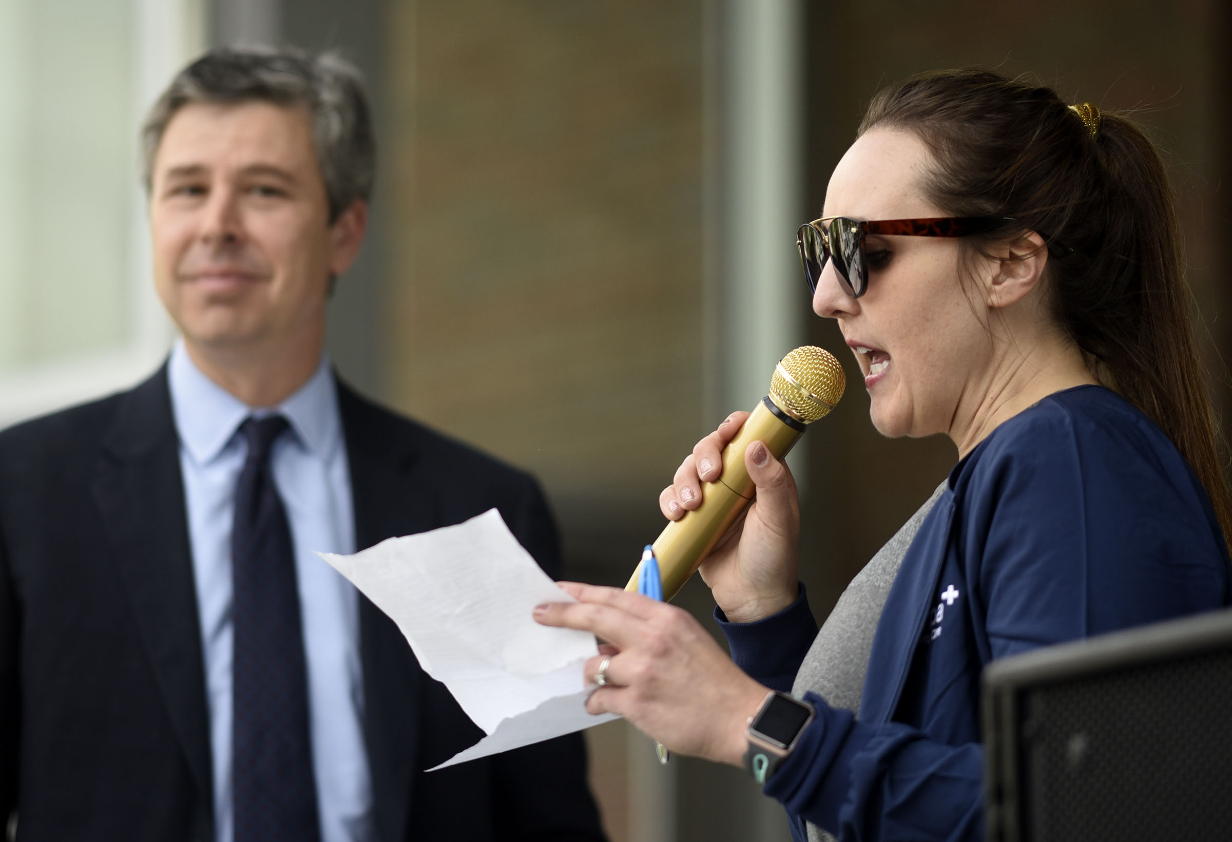 Cempa Community Care Chief Executive Officer Shannon Stephenson gets the event started and introduces Mayor Andy Berke. Camp Community Care and Hospice of Chattanooga hosted the Third Neighborhood Workout Jam Session at Miller Park on May 13, 2019.
