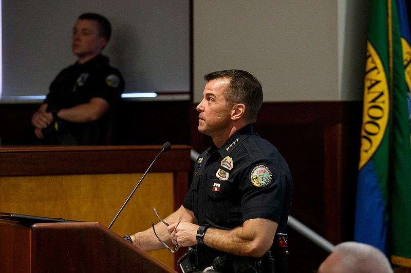 Police Chief David Roddy addresses the city council during a meeting in the Chattanooga City Council chamber on Tuesday, May 14, 2019, in Chattanooga, Tenn. A proposed $263.8 million city budget for fiscal year 2020 includes funding for infrastructure upgrades.