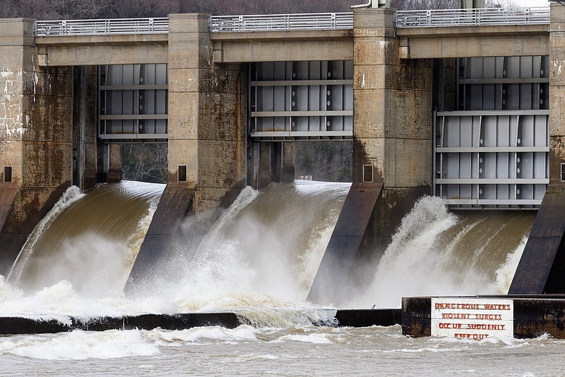 The Chickamauga Dam spills water on Friday, March 1, 2019, in Chattanooga, Tenn. The Tennessee Valley Authority's management of the Tennessee River during recent heavy rain has saved the region from significant flooding.