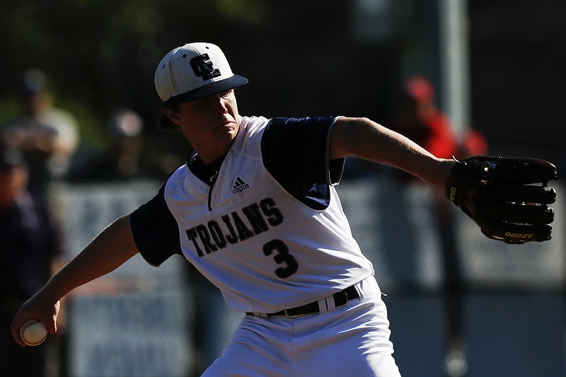 Gordon Lee's Jake Wright (3) pitches against Bowdon in the top of the third inning during the first game of a GHSA Class A Public state semifinal double header at Gordon Lee High School's Claud Hendrix Field on Tuesday, May 14, 2019 in Chickamauga, Ga.