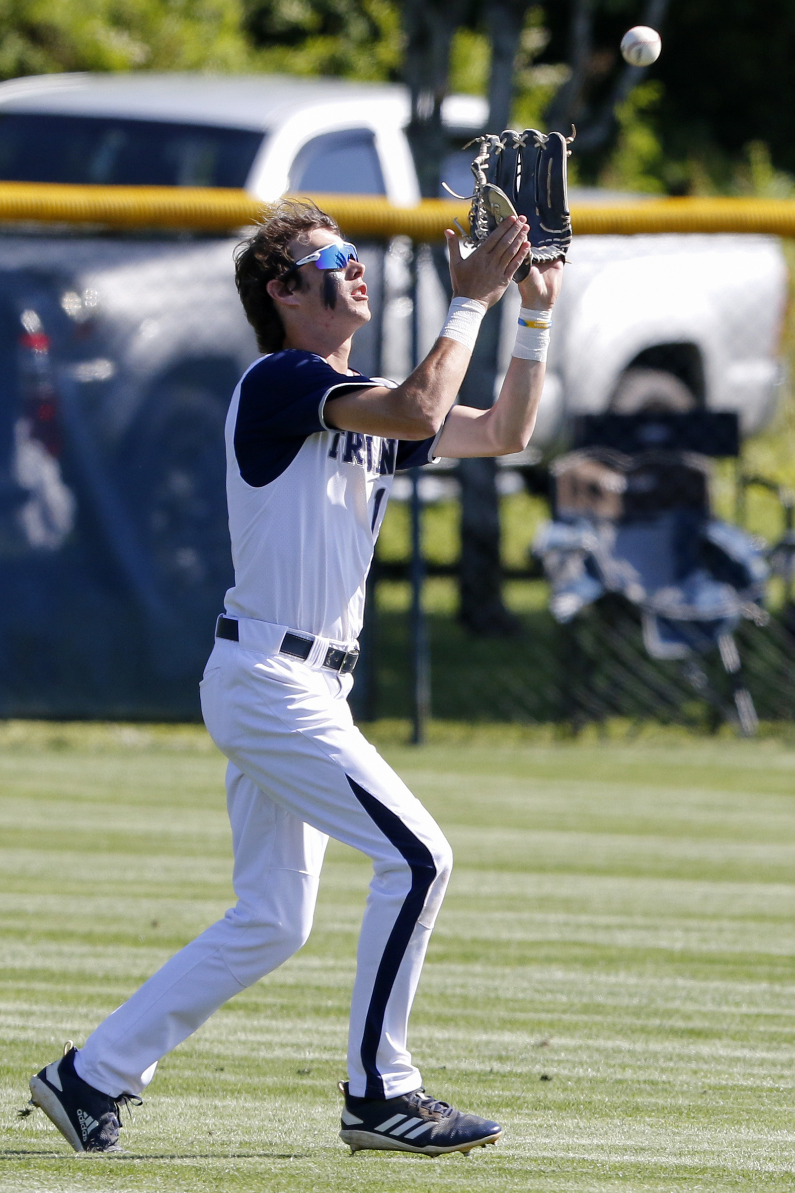 Gordon Lee's Justin Wooden (13) makes a catch for the second out in the top of the first inning against Bowdon in the first game of a GHSA Class A Public state semifinal double header at Gordon Lee High School's Claud Hendrix Field on Tuesday, May 14, 2019 in Chickamauga, Ga.