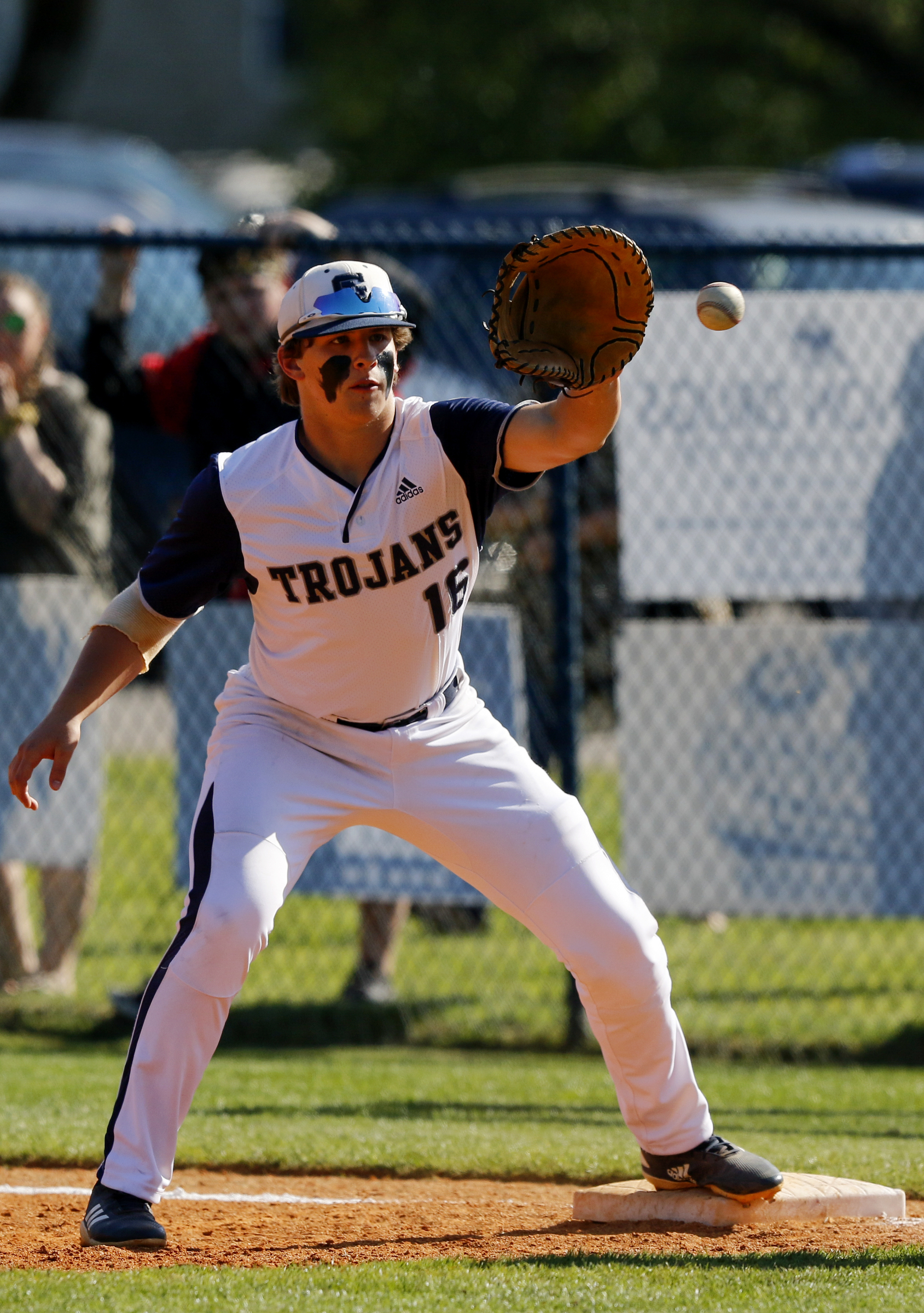 Gordon Lee's Cody Thomas (16) catches the ball at first for the final out of the top of the third inning against Bowdon during the first game of a GHSA Class A Public state semifinal double header at Gordon Lee High School's Claud Hendrix Field on Tuesday, May 14, 2019 in Chickamauga, Ga.