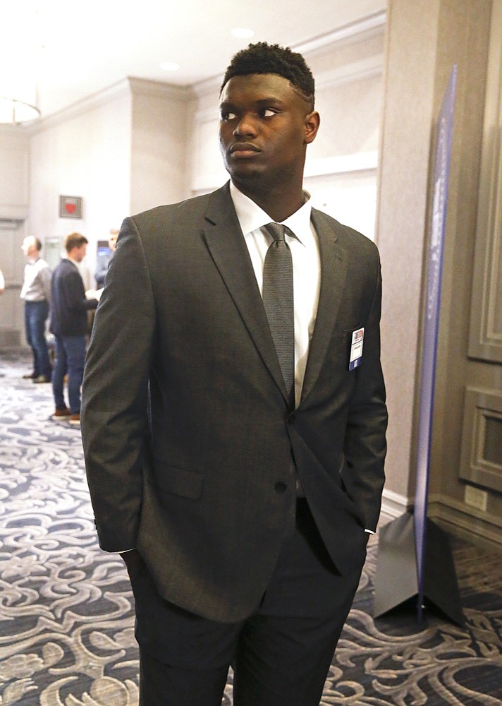 Duke's Zion Williamson arrives for the NBA basketball draft lottery Tuesday, May 14, 2019, in Chicago. (AP Photo/Nuccio DiNuzzo)

