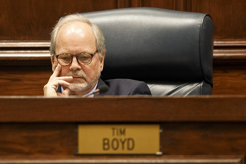 District 8 Hamilton County Commissioner Tim Boyd is seen during a County Commission meeting in the County Commission assembly room at the Hamilton County Courthouse on Wednesday, April 17, 2019, in Chattanooga, Tenn.
