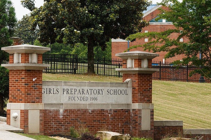 A sign for Girls Preparatory School is seen on Wednesday, May 15, 2019, in Chattanooga, Tenn.