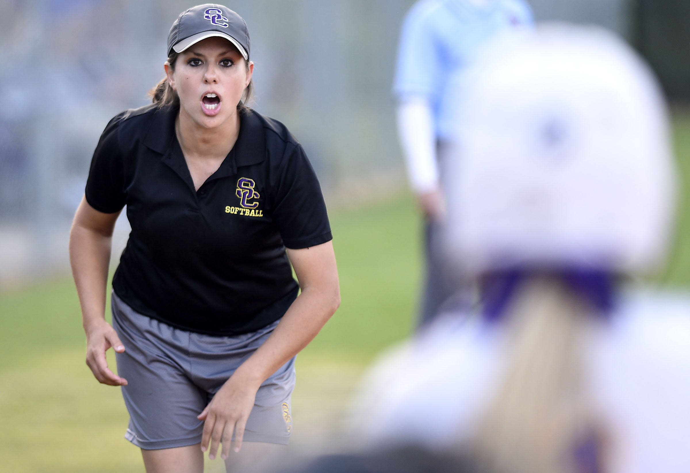 Sequatchie County head coach Kelly Somerville encourages Lady Indian batter. The Marion County Lady Warriors defeated the Sequatchie County Lady Indians 6-5 in the Region 4-AA championship at Sequatchie County High on May 15, 2019.