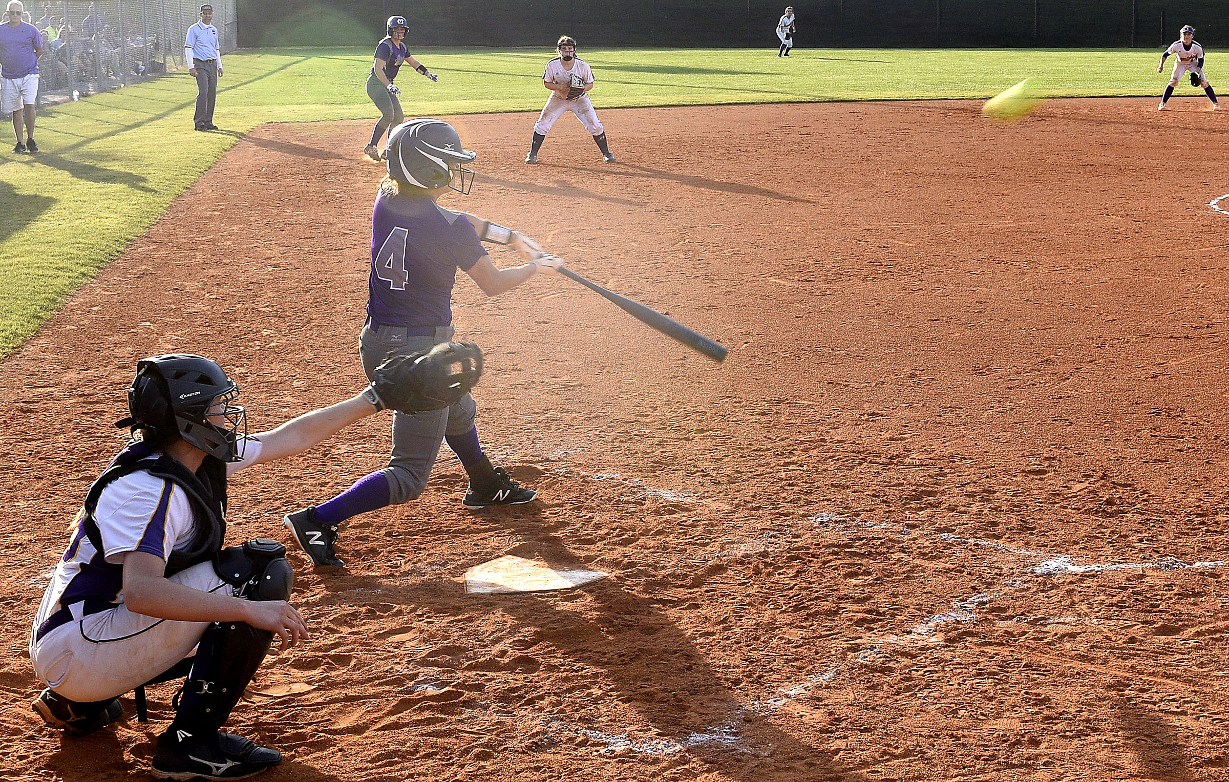 Marion County's Savannah Parker (4) belts a three-run double that would provide the Lady Warriors with the winning margin. The Marion County Lady Warriors defeated the Sequatchie County Lady Indians 6-5 in the Region 4-AA championship at Sequatchie County High on May 15, 2019.