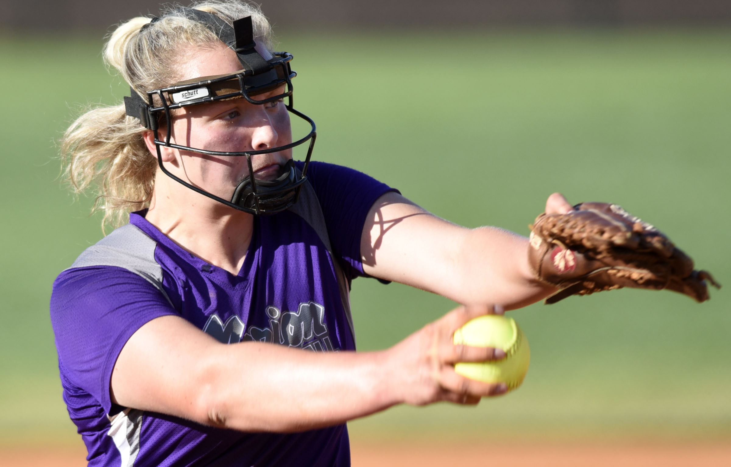 Marion County pitcher Sara Muir (1) goes into her windup. The Marion County Lady Warriors defeated the Sequatchie County Lady Indians 6-5 in the Region 4-AA championship at Sequatchie County High on May 15, 2019.