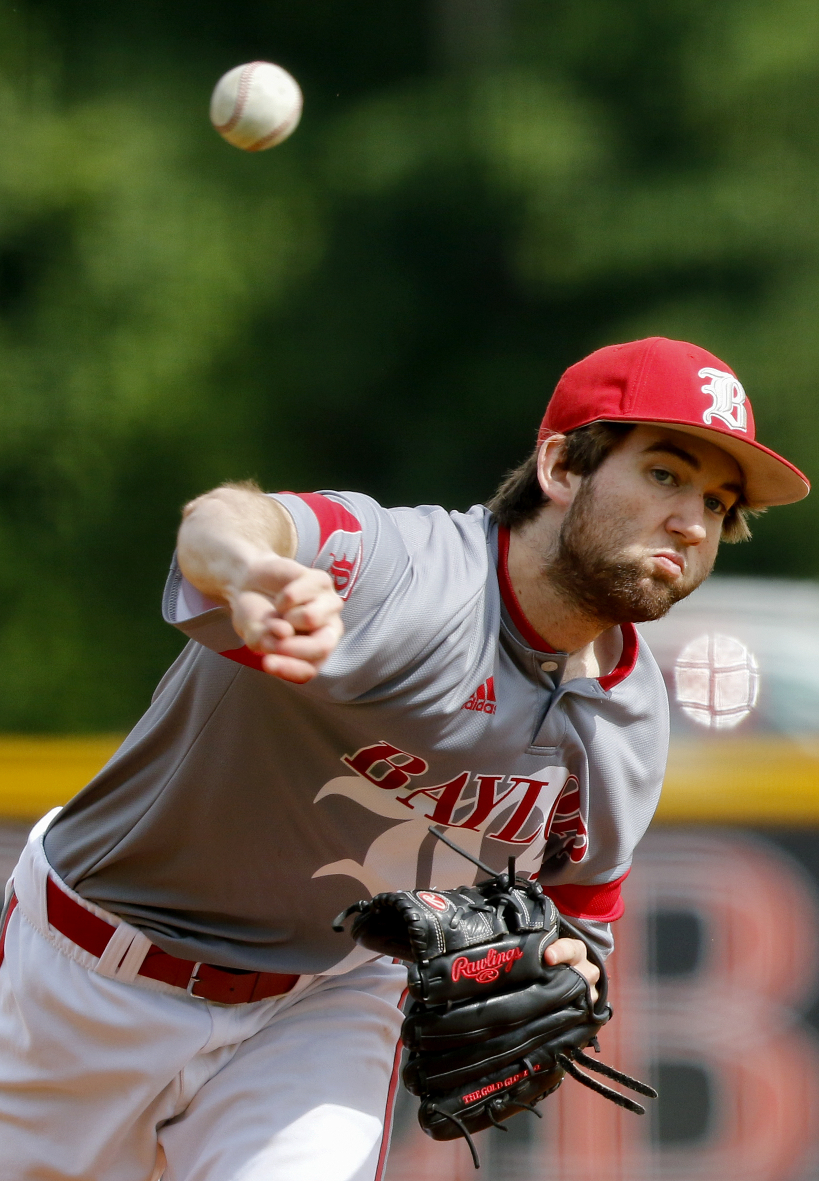 Baylor's Greyson Linderman pitches in the top of the first inning against Memphis University School during Game 1 of a double header in the Division II-AA quarterfinals at Wyatt McMahan Field on the campus of Baylor Schoolon Wednesday, May 15, 2019 in Chattanooga, Tenn.