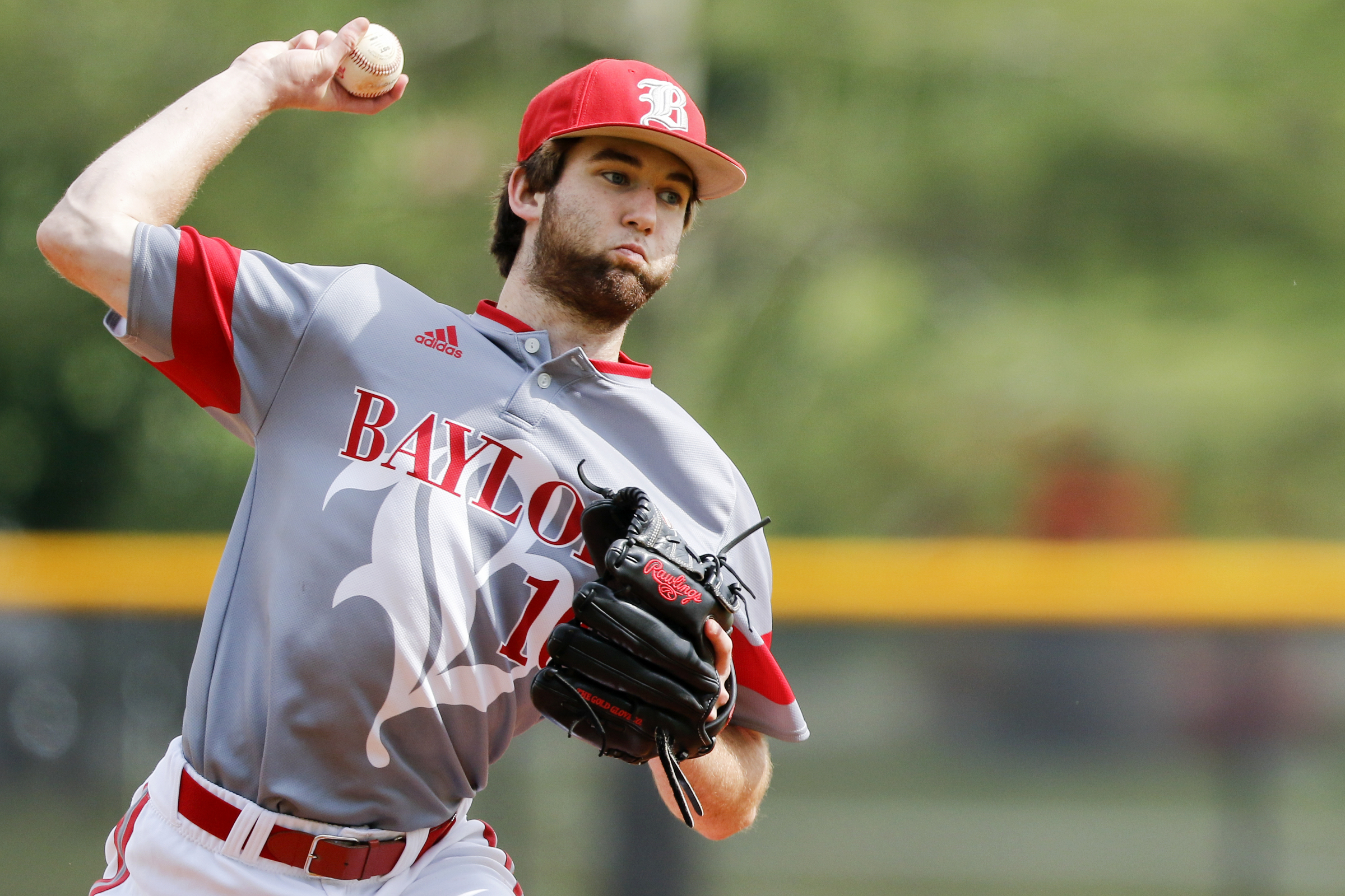 Baylor's Greyson Linderman pitches in the top of the first inning against Memphis University School during Game 1 of a double header in the Division II-AA quarterfinals at Wyatt McMahan Field on the campus of Baylor Schoolon Wednesday, May 15, 2019 in Chattanooga, Tenn.
