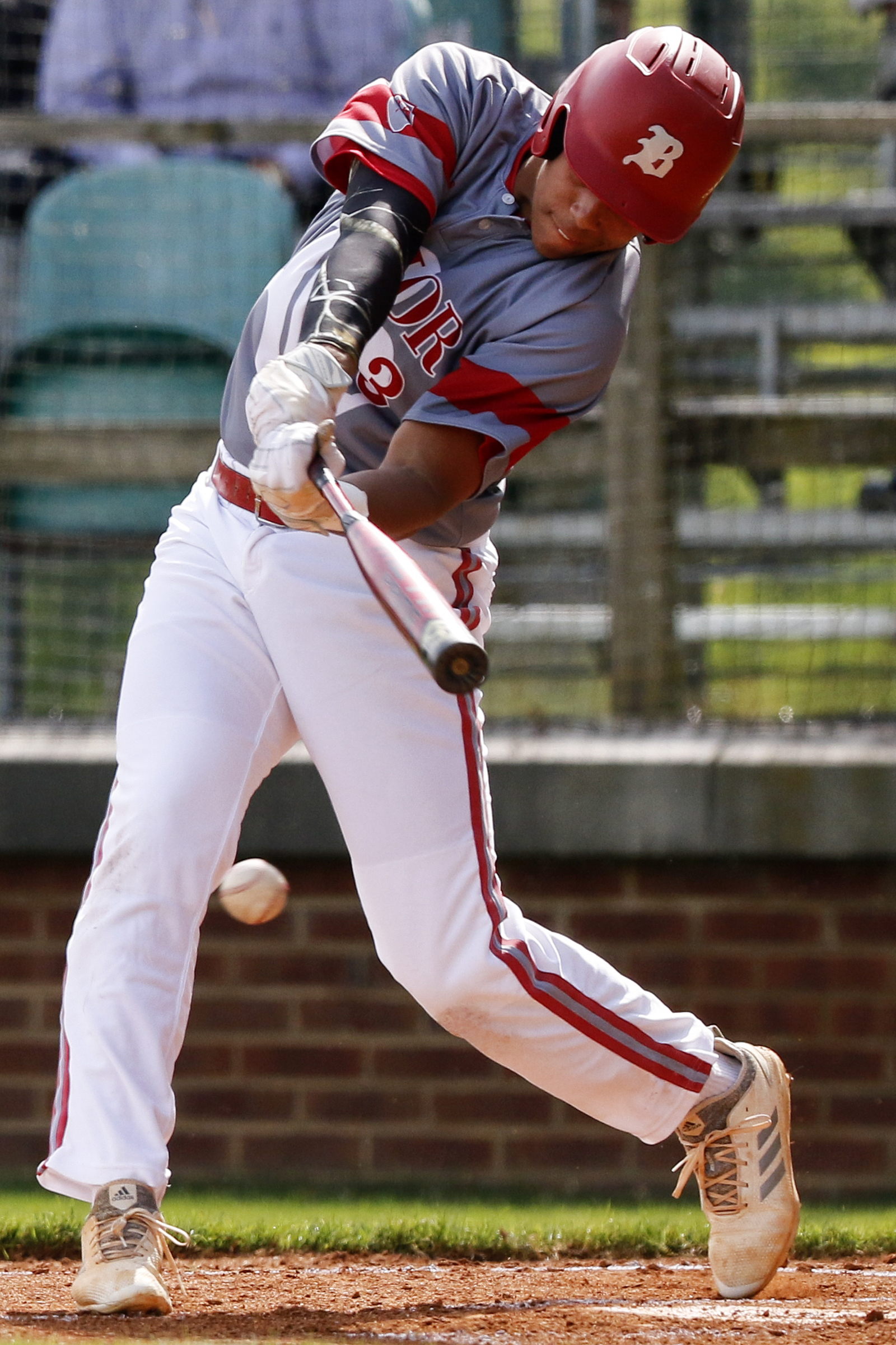 Baylor's Danny Corona connects for a single in the bottom of the first inning against Memphis University School during Game 1 of a double header in the Division II-AA quarterfinals at Wyatt McMahan Field on the campus of Baylor Schoolon Wednesday, May 15, 2019 in Chattanooga, Tenn.