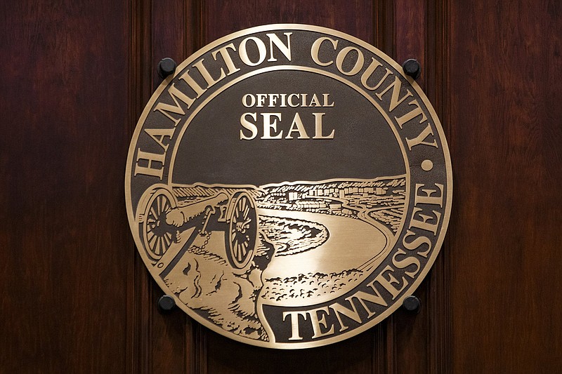 The Hamilton County seal is seen in the County Commission assembly room at the Hamilton County Courthouse on Wednesday, April 17, 2019 in Chattanooga, Tenn.