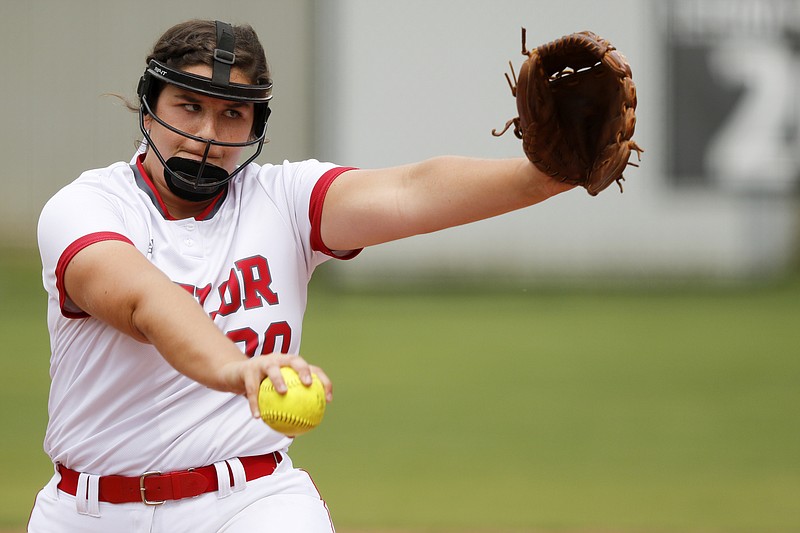 Baylor's Macy Ann McKnight pitches in the top of the second inning during the first game of a doubleheader in the host Lady Red Raiders' best-of-three Division II-AA quarterfinal series against St. Cecilia Academy on Wednesday. Baylor won 16-0 in three innings, then won the second game 12-0 to sweep the series and secure a spot in next week's state tournament in Murfreesboro.