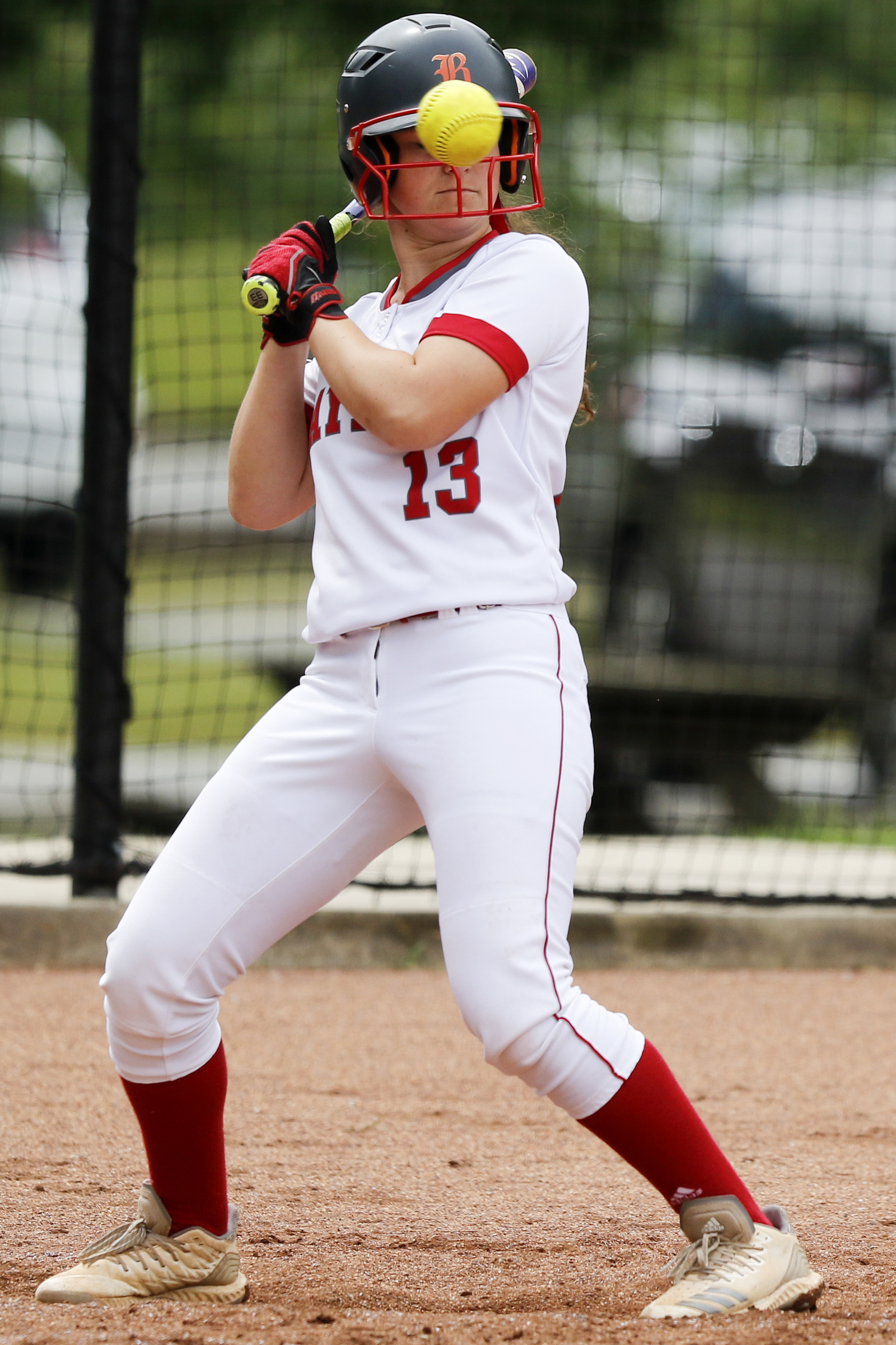 Baylor's Libby May (13) leans away from a high pitch in the bottom of the second inning during Game 1 of a doubleheader in the Division II-AA quarterfinals against St. Cecilia Academy at Baylor School on Wednesday, May 15, 2019 in Chattanooga, Tenn. Baylor won 16-0 in three innings.