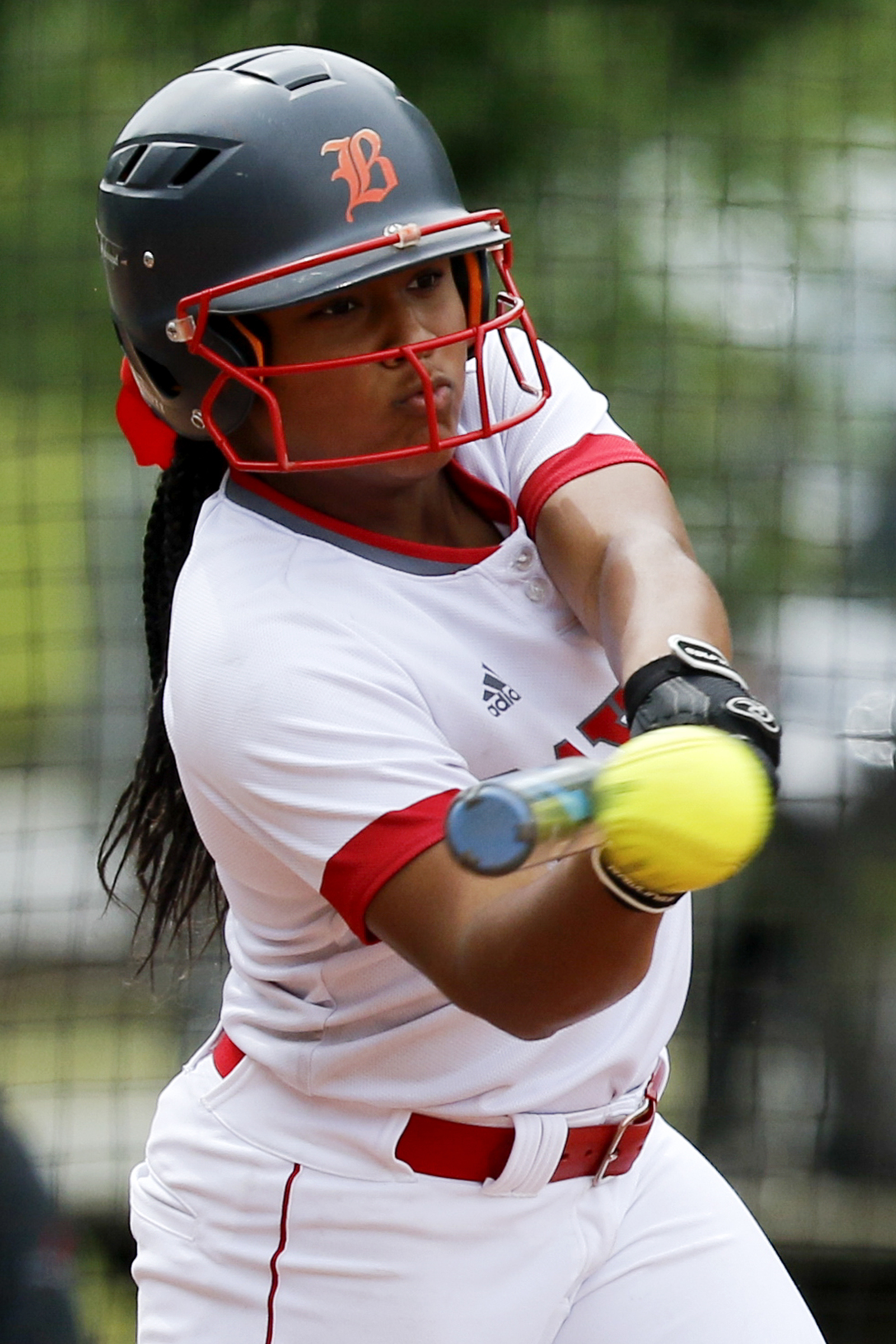 Baylor's Couriyah Stegall (4) connects for a RBI single in the bottom of the second inning during Game 1 of a doubleheader in the Division II-AA quarterfinals against St. Cecilia Academy at Baylor School on Wednesday, May 15, 2019 in Chattanooga, Tenn. Baylor won 16-0 in three innings.