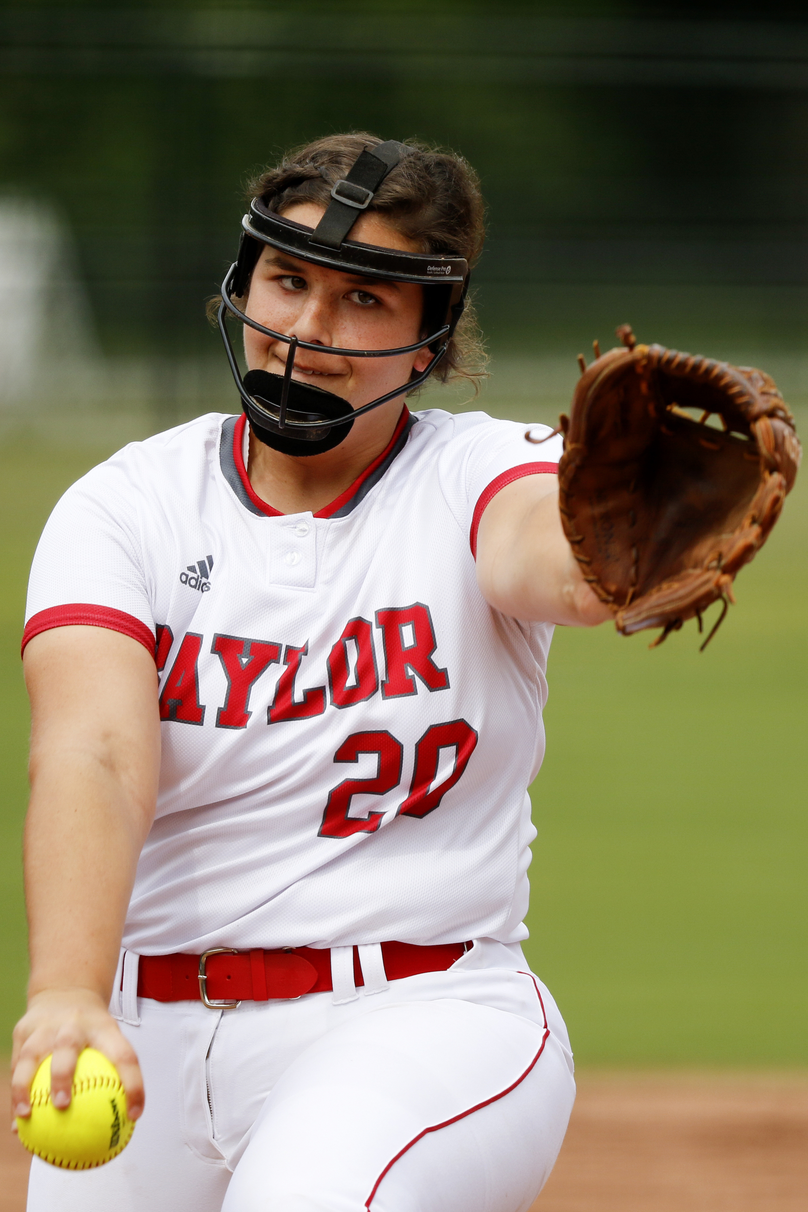 Baylor's Macy Ann McKnight (20) pitches in the top of the third inning during Game 1 of a doubleheader in the Division II-AA quarterfinals against St. Cecilia Academy at Baylor School on Wednesday, May 15, 2019 in Chattanooga, Tenn. Baylor won 16-0 in three innings.