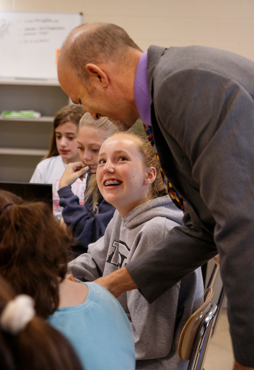 Dillia Lowry talks with Learning Blade Vice President Joshua Sneideman, right, in a 7th grade STEM innovators class at Signal Mountain Middle High School on Thursday, May 9, 2019, in Signal Mountain, Tenn. Learning Blade presented a 3D printer to the school for their achievement using the Learning Blade program.