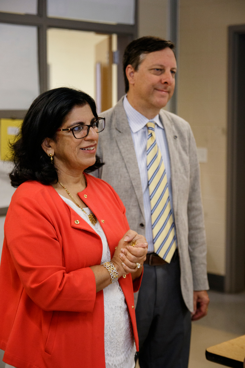 Learning Blade CEO Sheila Boyington, left, and CTO Dane Boyington present a 3D printer to a 7th grade STEM innovators class at Signal Mountain Middle High School on Thursday, May 9, 2019, in Signal Mountain, Tenn. Learning Blade presented a 3D printer to the school for their achievement using the Learning Blade program.
