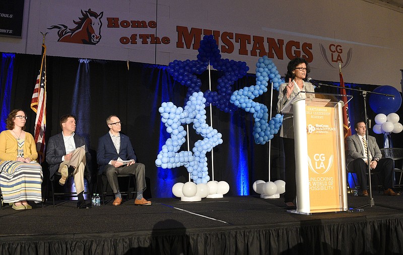 Dr. Elaine Swafford, Executive Director of CGLA addresses the gathering.  BlueCross BlueShield of Tennessee Health Foundation, along with Chattanooga Girls Leadership Academy, Chattanooga Preparatory School and the Highland Park community unveiled plans for a major project in the community.  The announcement was made at CGLA's Hutton Gymnasium on May 16, 2019.  