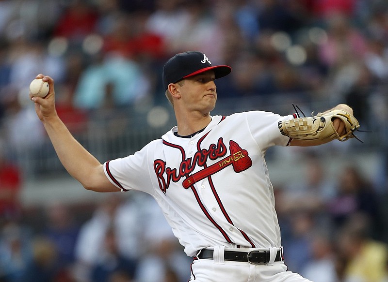 Atlanta Braves starting pitcher Mike Soroka (40) works in the second inning of a baseball game against the St. Louis Cardinals Wednesday, May 15, 2019, in Atlanta. (AP Photo/John Bazemore)