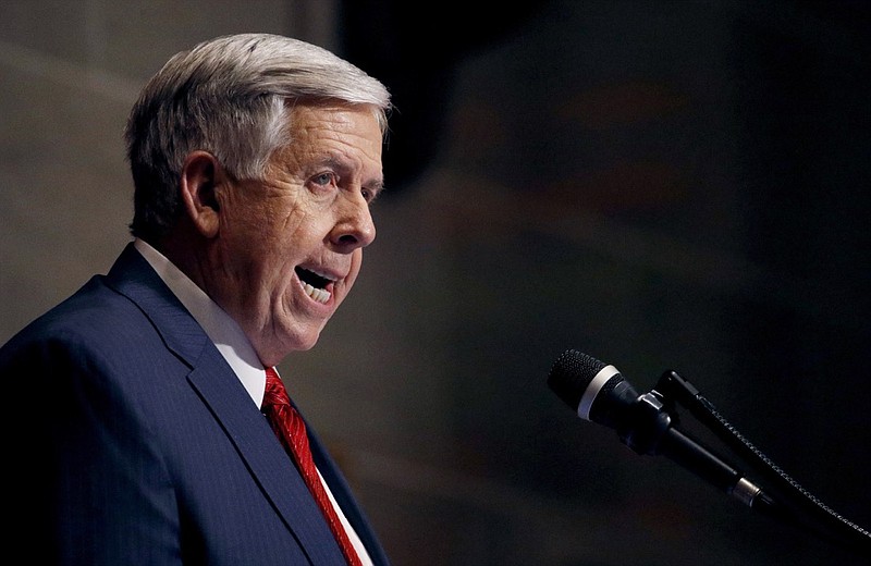 In this Jan. 16, 2019, file photo, Missouri Gov. Mike Parson delivers his State of the State address in Jefferson City, Mo. Parson on Wednesday, May 15, called on state senators to take action on a bill to ban abortions at eight weeks of pregnancy, the latest GOP-dominated state emboldened by the possibility that a more conservative Supreme Court could overturn its landmark ruling legalizing the procedure. (AP Photo/Charlie Riedel, File)