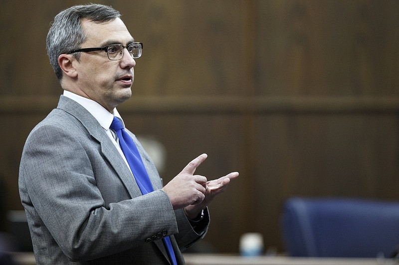 Staff photo by C.B. Schmelter / Hamilton County District Attorney General Neal Pinkston gives his opening statement to the jury before Judge Andrew Freiberg during Tim Boyd's extortion trial in Judge Don Poole's courtroom in the Hamilton County-Chattanooga Courts Building on Wednesday, Oct. 31, 2018 in Chattanooga, Tenn.
