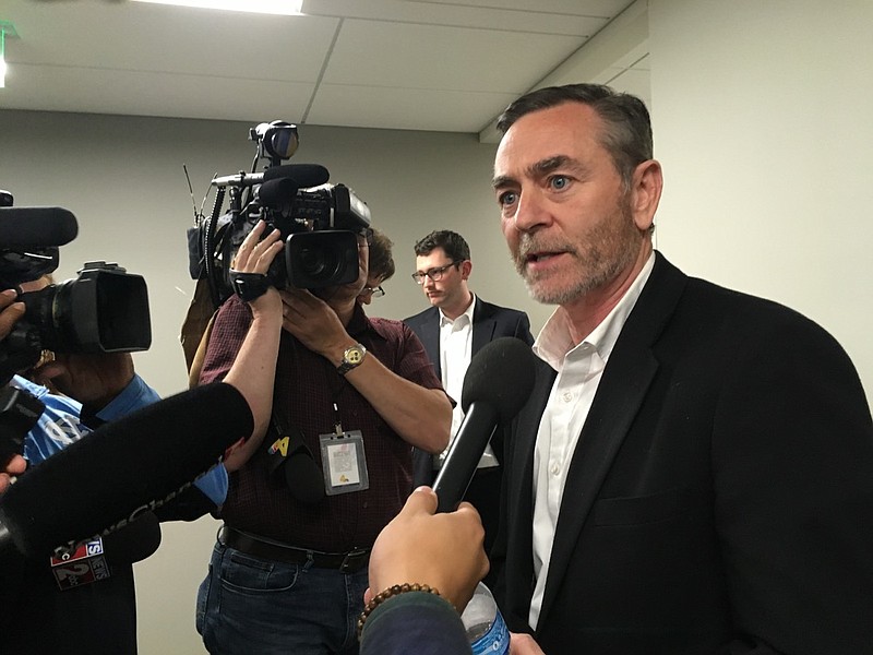 Embattled Republican House Speaker Glen Casada speaks with reporters at Tennessee's Cordell Hull legislative building Monday, May 13, 2019, in Nashville. (AP Photo/Jonathan Mattise)