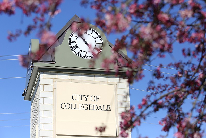 The clock tower in front of Collegedale City Hall is pictured Wednesday, March 20, 2019, in Collegedale, Tennessee.