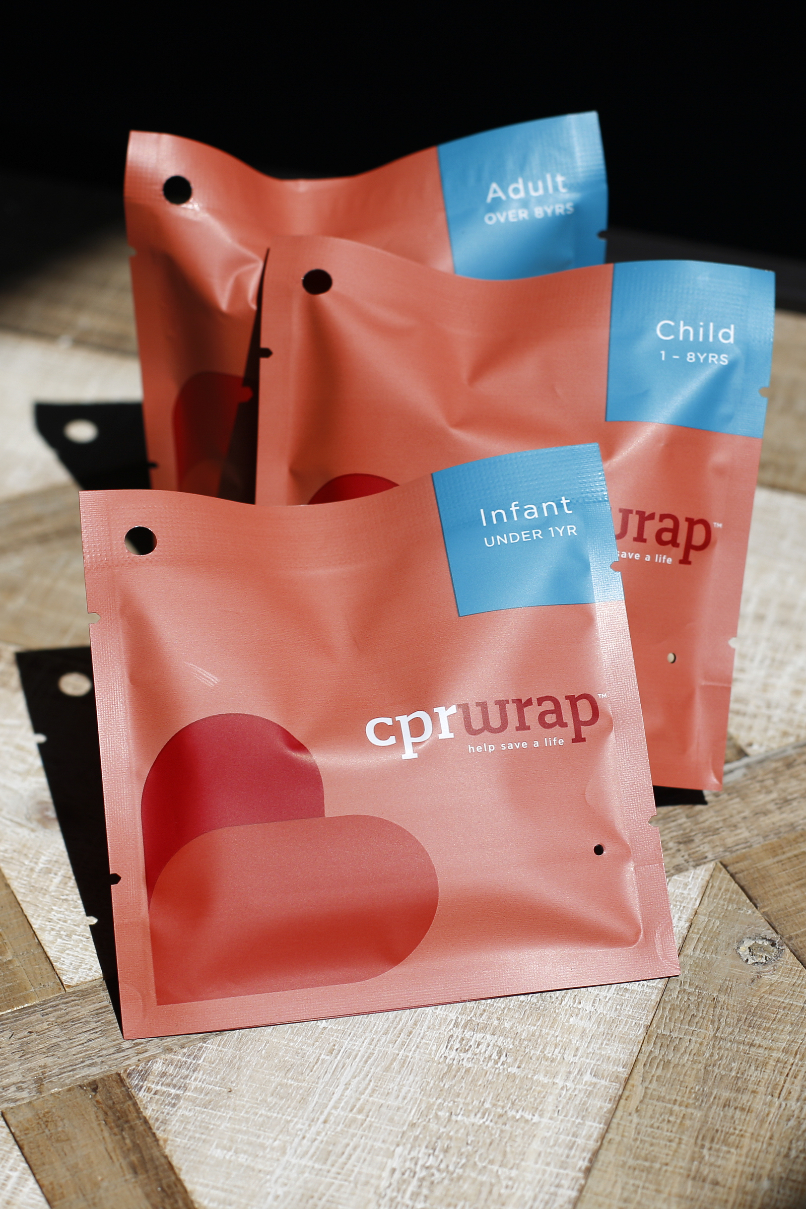 CPRWrap pouches are seen posed in Felicia Jackson's office on Thursday, May 16, 2019 in Chattanooga, Tenn. The CPRWrap comes in three sizes: infant, child and adult.