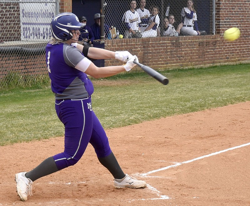 Marion County's Sara Muir (1) hits a solo home run.  The Marion County High Lady Warriors visited the Sequatchie County Lady Indians in TSSAA softball action on April 4, 2019.