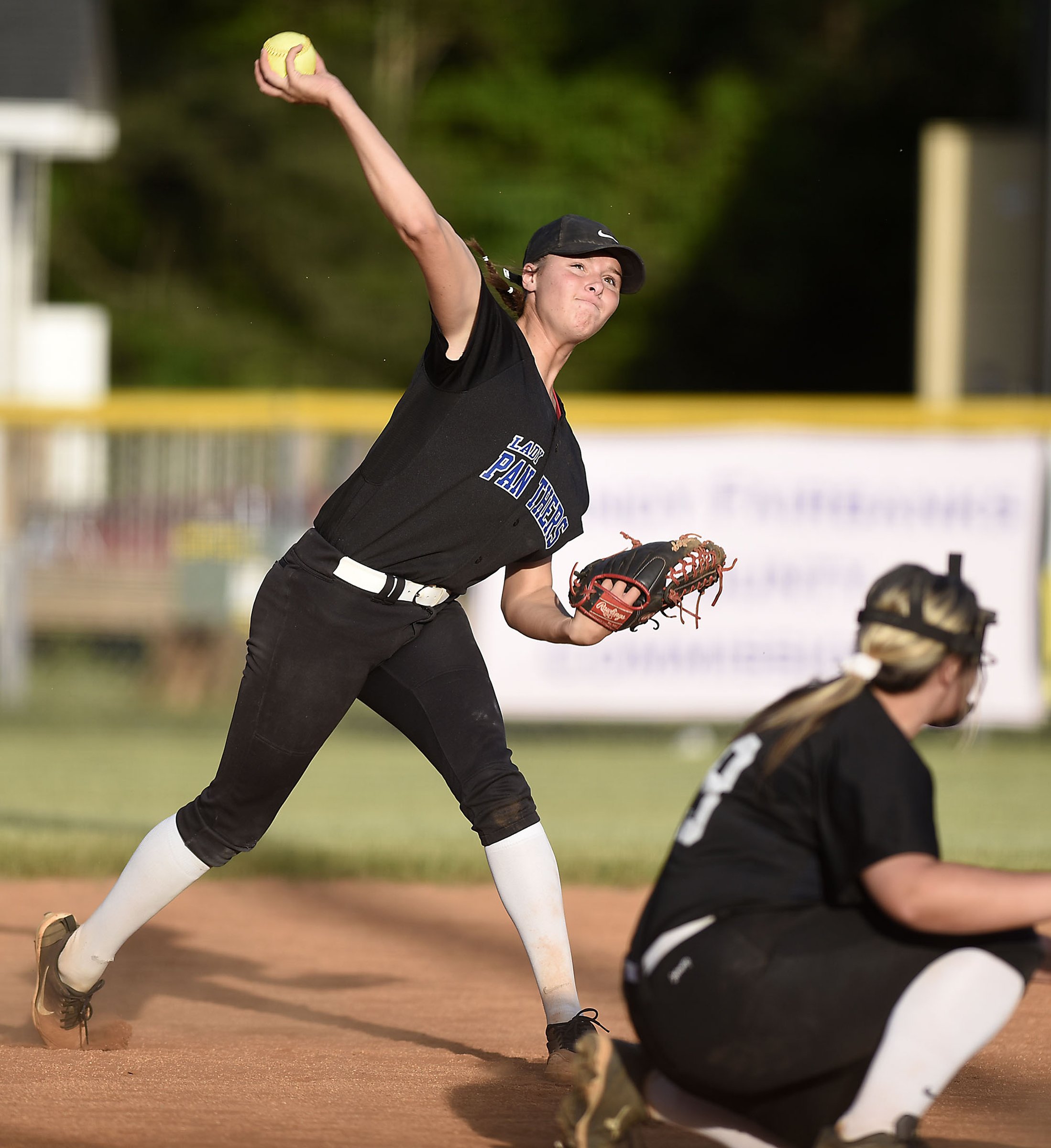 Sale Creek shortstop Macie Stanfield (1) throws a Lady Bear out. The Sale Creek Lady Panthers hosted the Tellico Plains Lady Bears in the District 4-A softball tournament championship on May 7, 2019.