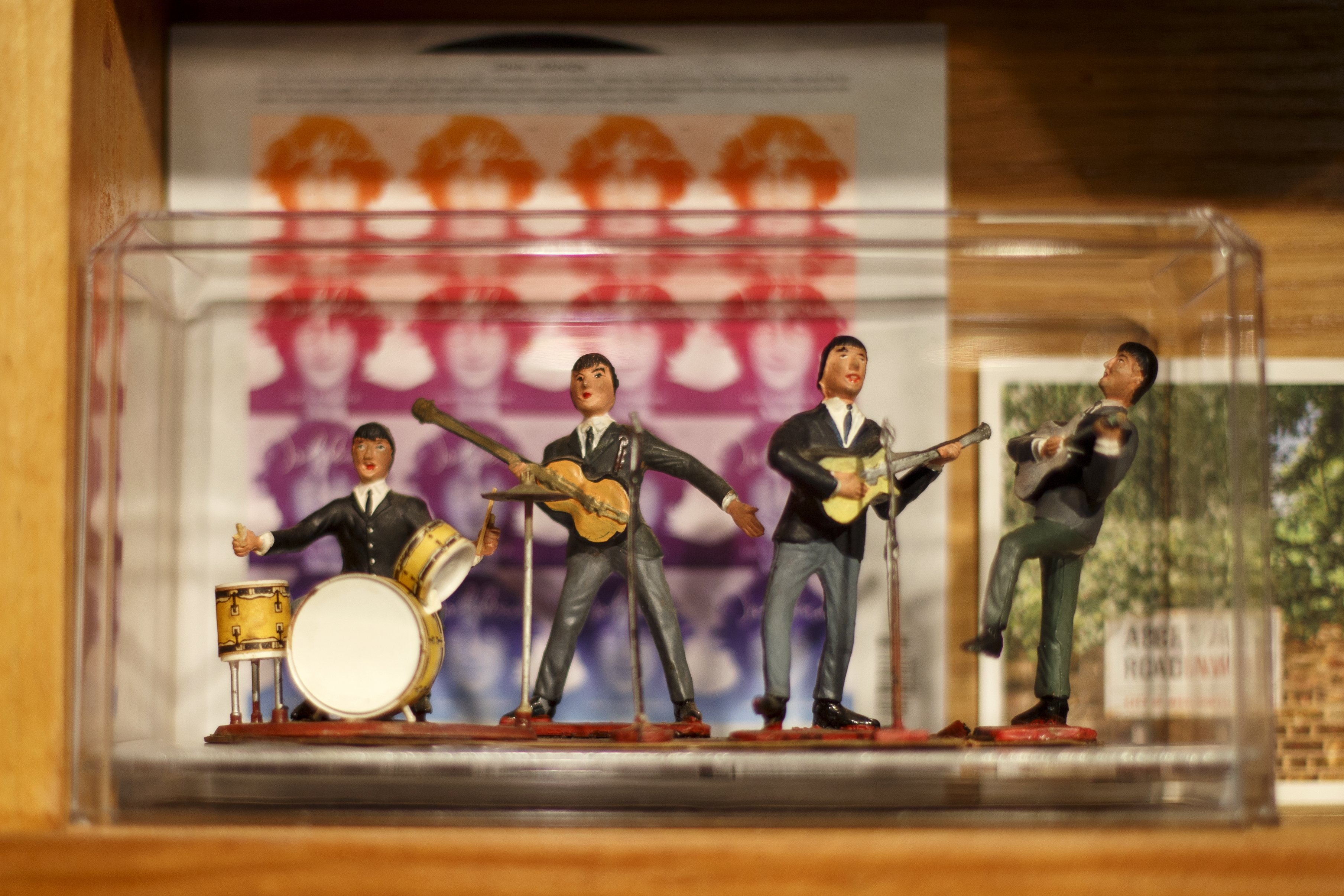 Beatles figurines are seen in Timothy King's man cave is seen at his home on Monday, May 6, 2019 in Hixson, Tenn. King's man cave includes three televisions, 14 speakers inside (with an additional four outside in the backyard of the split level home), a pool table and a bar.