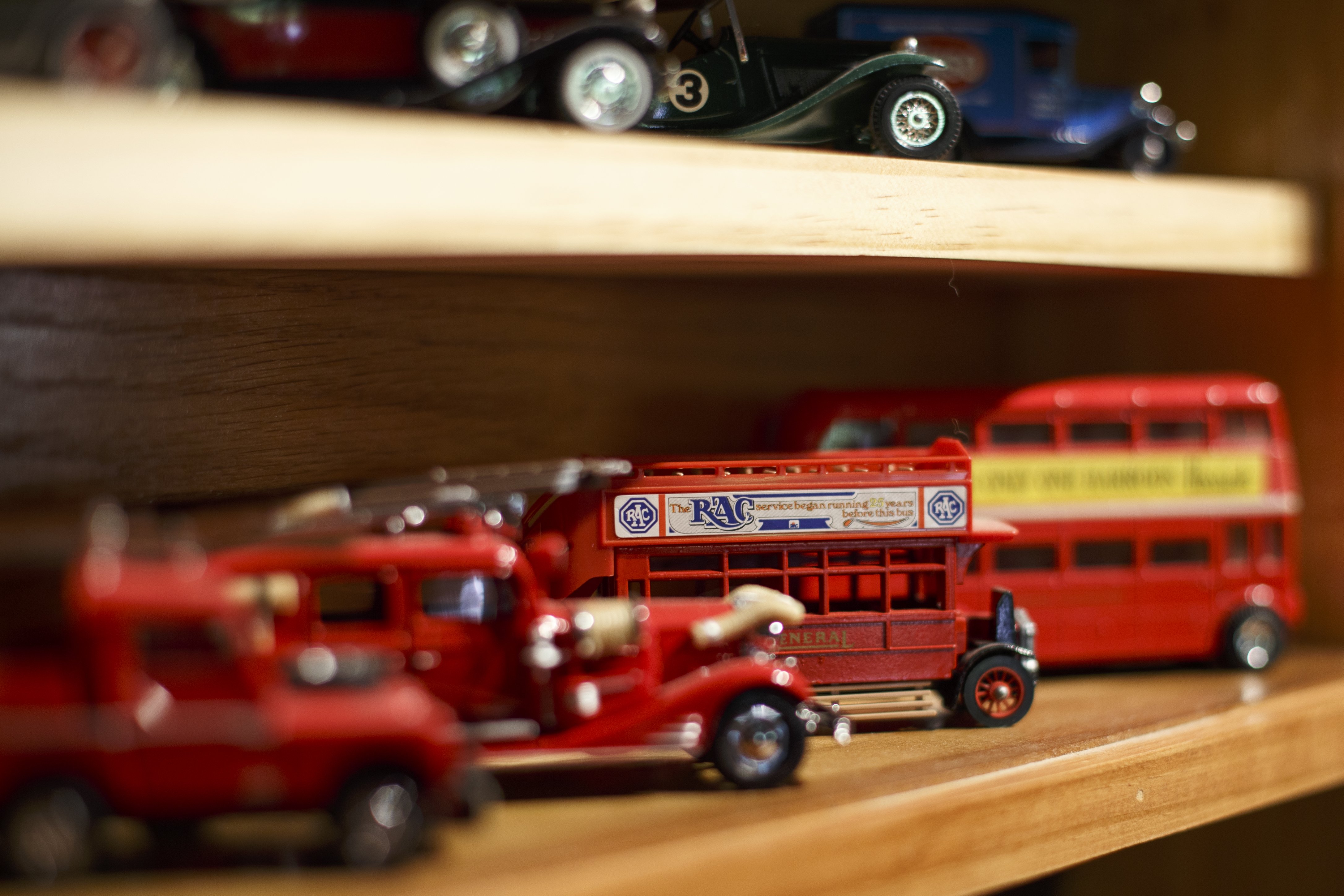 Toy cars are seen in Timothy King's man cave is seen at his home on Monday, May 6, 2019 in Hixson, Tenn. King's man cave includes three televisions, 14 speakers inside (with an additional four outside in the backyard of the split level home), a pool table and a bar.