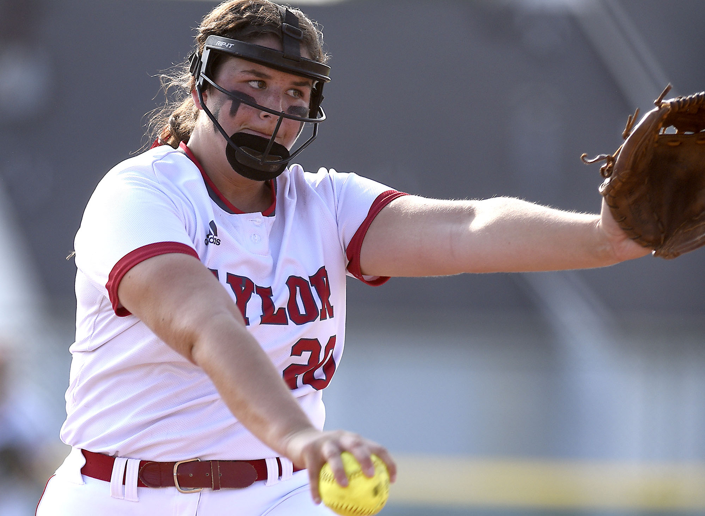 Baylor's Macy McKnight (20) pitches against Brentwood Academy during the TSSAA Division II-AA softball state tournament's opening round Tuesday in Murfreesboro.