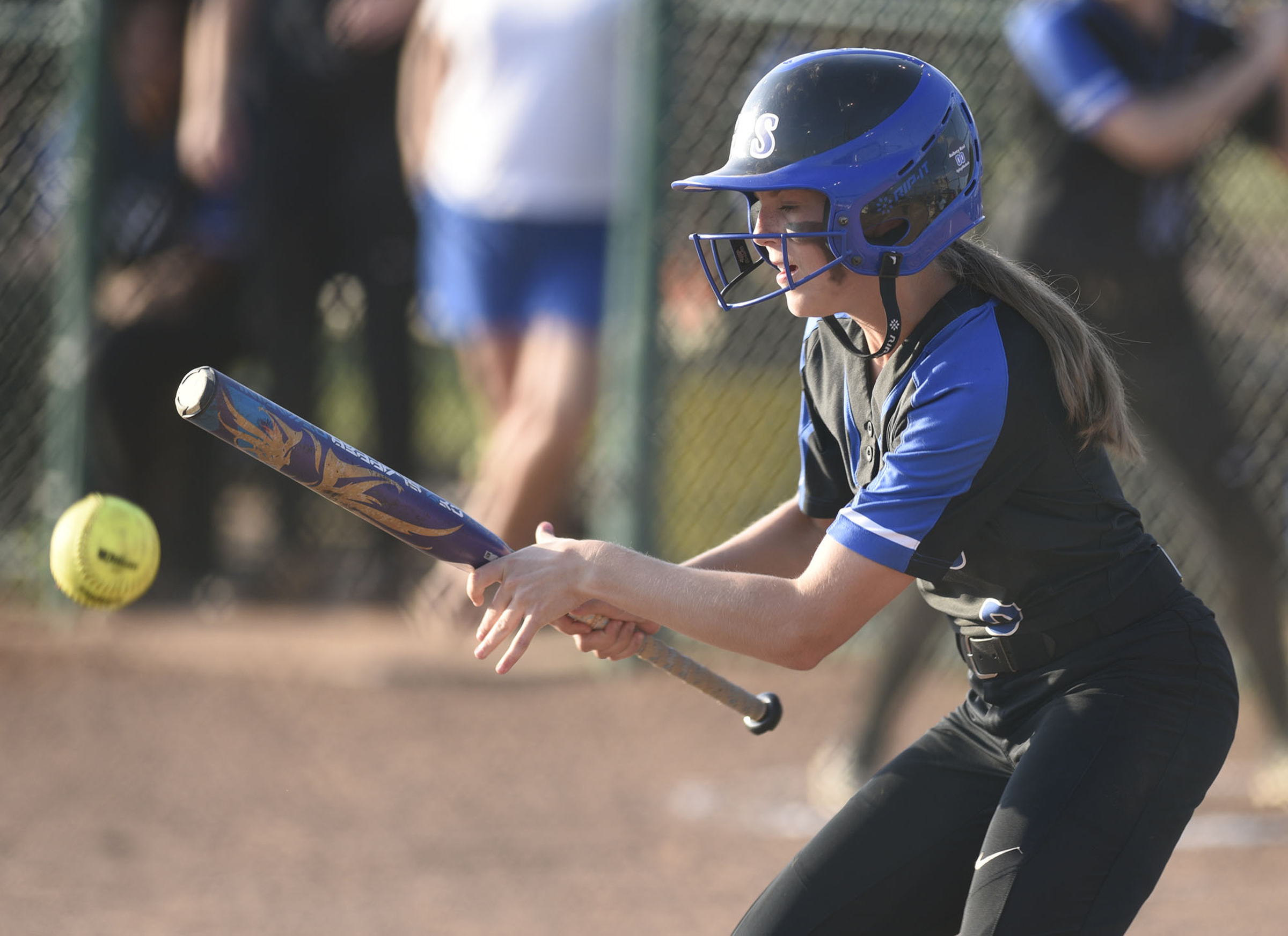GPS's Stella Henry (3) lays down a bunt then beats the throw to first. GPS faced St. Benedict in Class AA bracket. The TSSAA Softball Tournament was held at the Starplex in Murfreesboro on May 21, 2019.