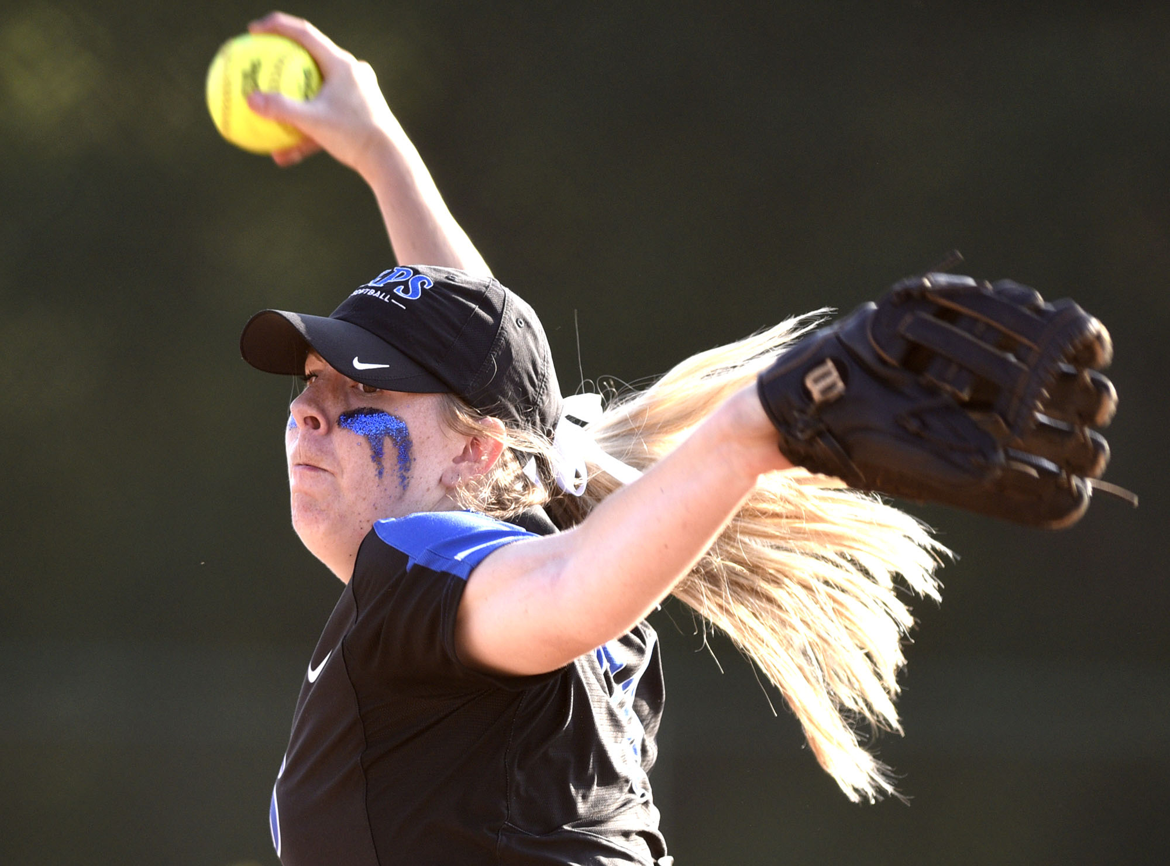 GPS's Hannah Sanders (34) winds up to pitch. GPS faced St. Benedict in Class AA bracket. The TSSAA Softball Tournament was held at the Starplex in Murfreesboro on May 21, 2019.