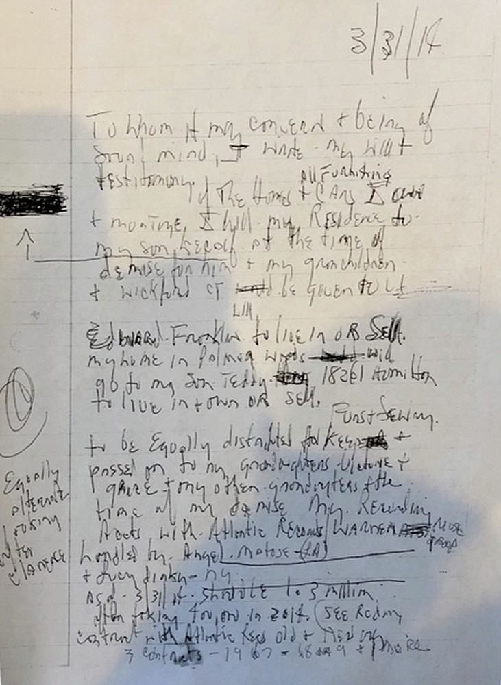 This Monday, May 20, 2019, photo shows one of three handwritten wills that a lawyer said were found in the home of Aretha Franklin in Pontiac, Mich., months after her death. Three handwritten wills have been found in the suburban Detroit home of Franklin, months after the death of the "Queen of Soul," including one that was discovered under cushions in the living room, a lawyer said Monday. (AP Photo/Ed White)

