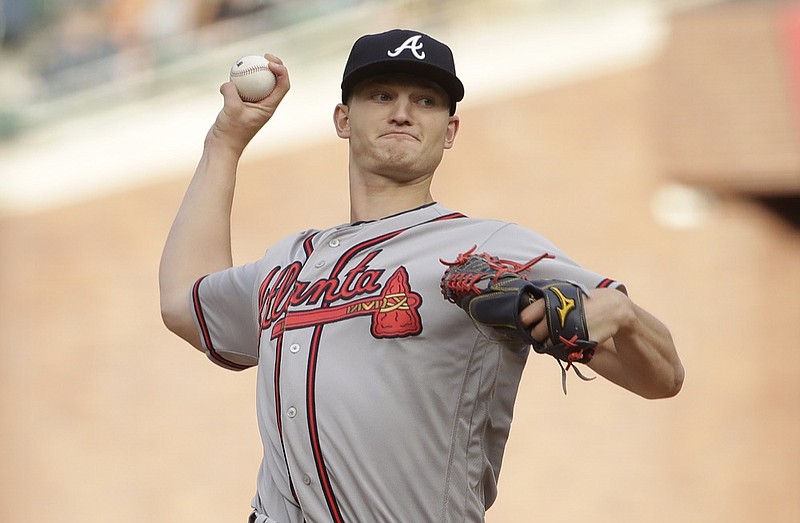 Atlanta Braves pitcher Mike Soroka throws to a San Francisco Giants batter during the first inning of a baseball game in San Francisco, Monday, May 20, 2019. (AP Photo/Jeff Chiu)

