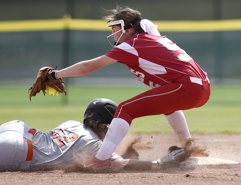 Dyer County's Jodi Cranford makes it back to second base under the tag of Ooltewah's Jaycee Holt during the TSSAA Class AAA softball state tournament Wednesday in Murfreesboro.