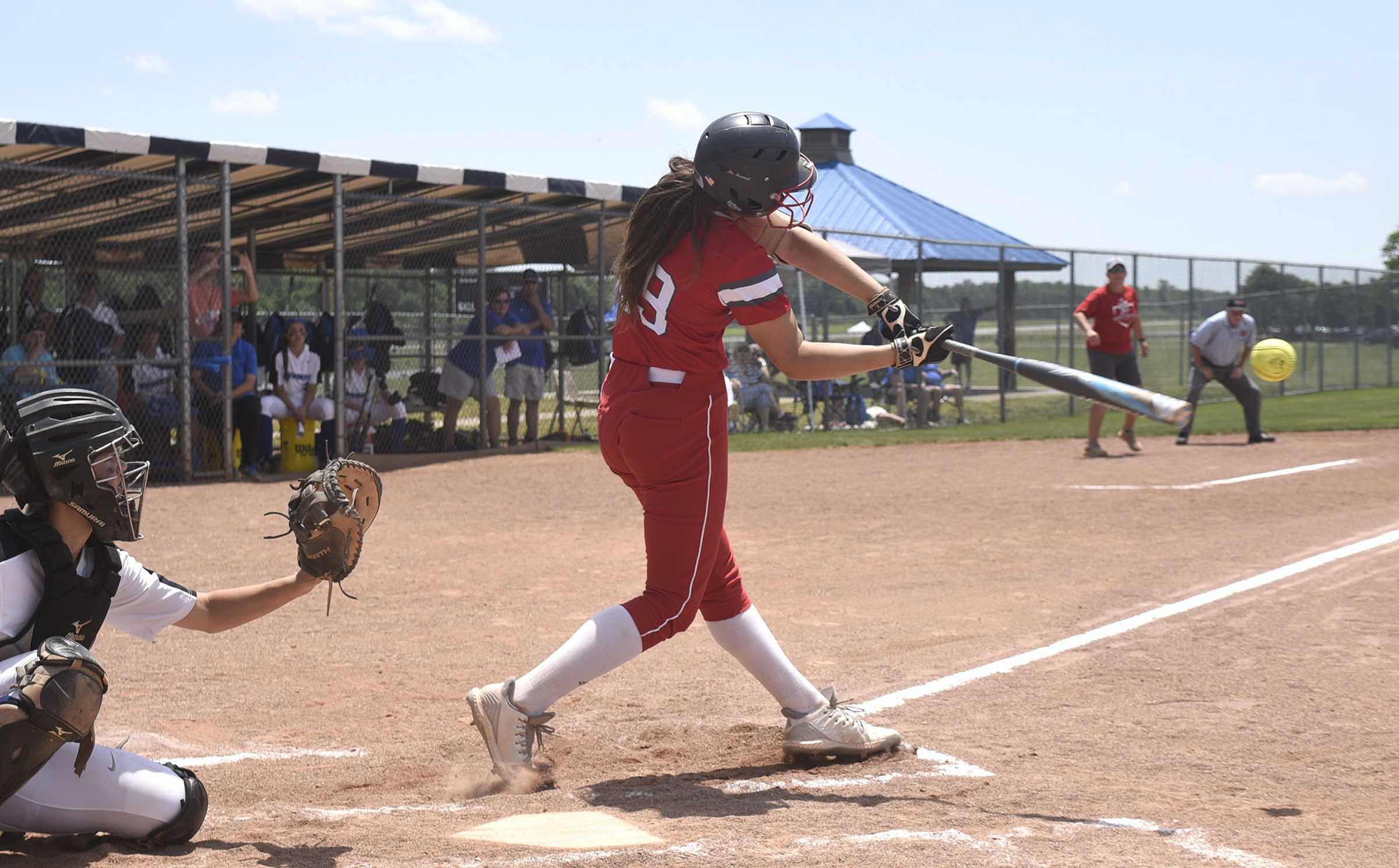 Baylor's Sydney Berzon (29) makes contact. GPS faced Baylor in the semifinals of the TSSAA Division II Class AA State Girls's softball tournament at McKnight Fields on May 22, 2019.
