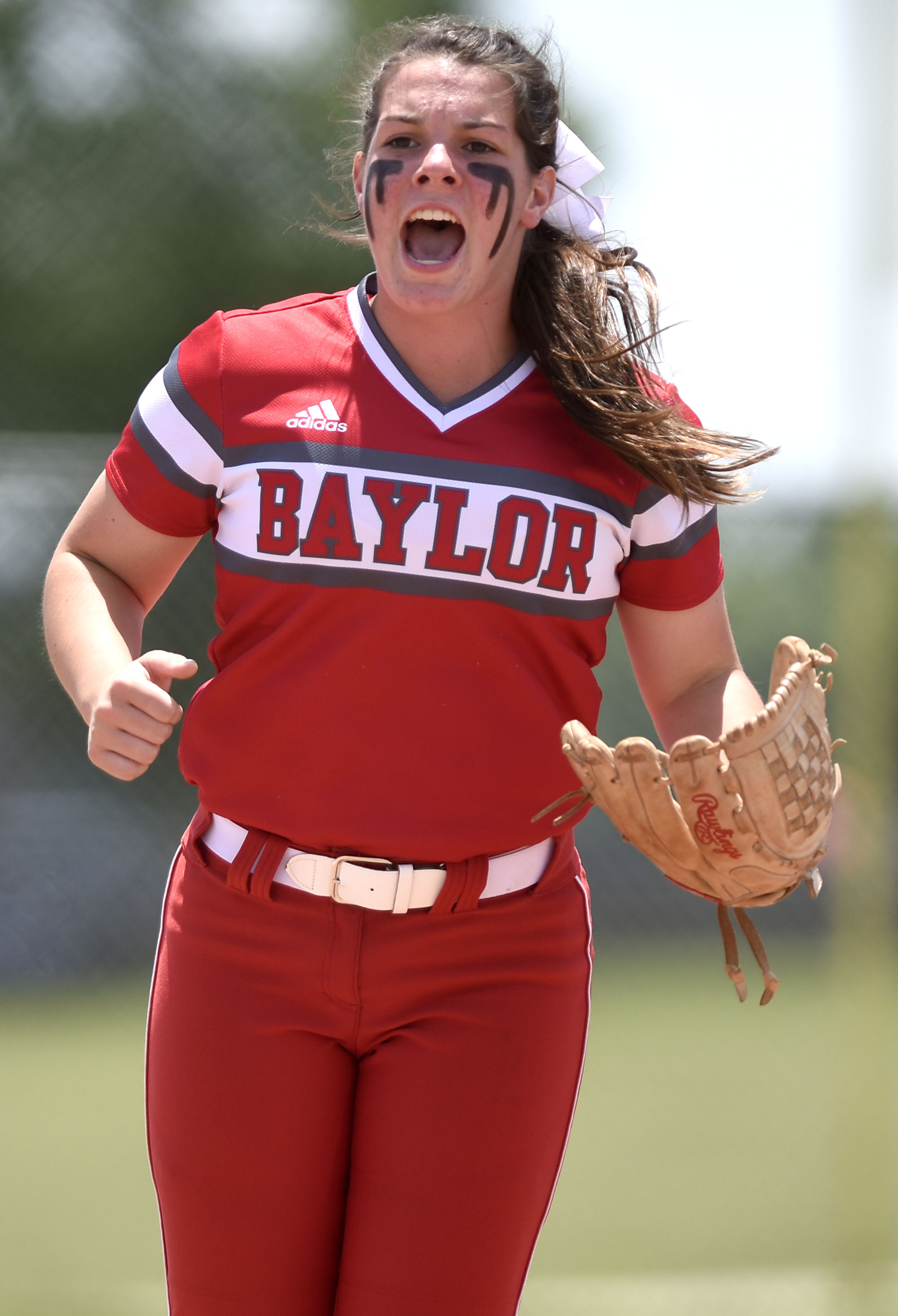 Baylor third baseman Raven Jones celebrates a GPS out. GPS face Baylor in the semifinals of the TSSAA Division II Class AA State Girls's softball tournament at McKnight Fields on May 22, 2019.