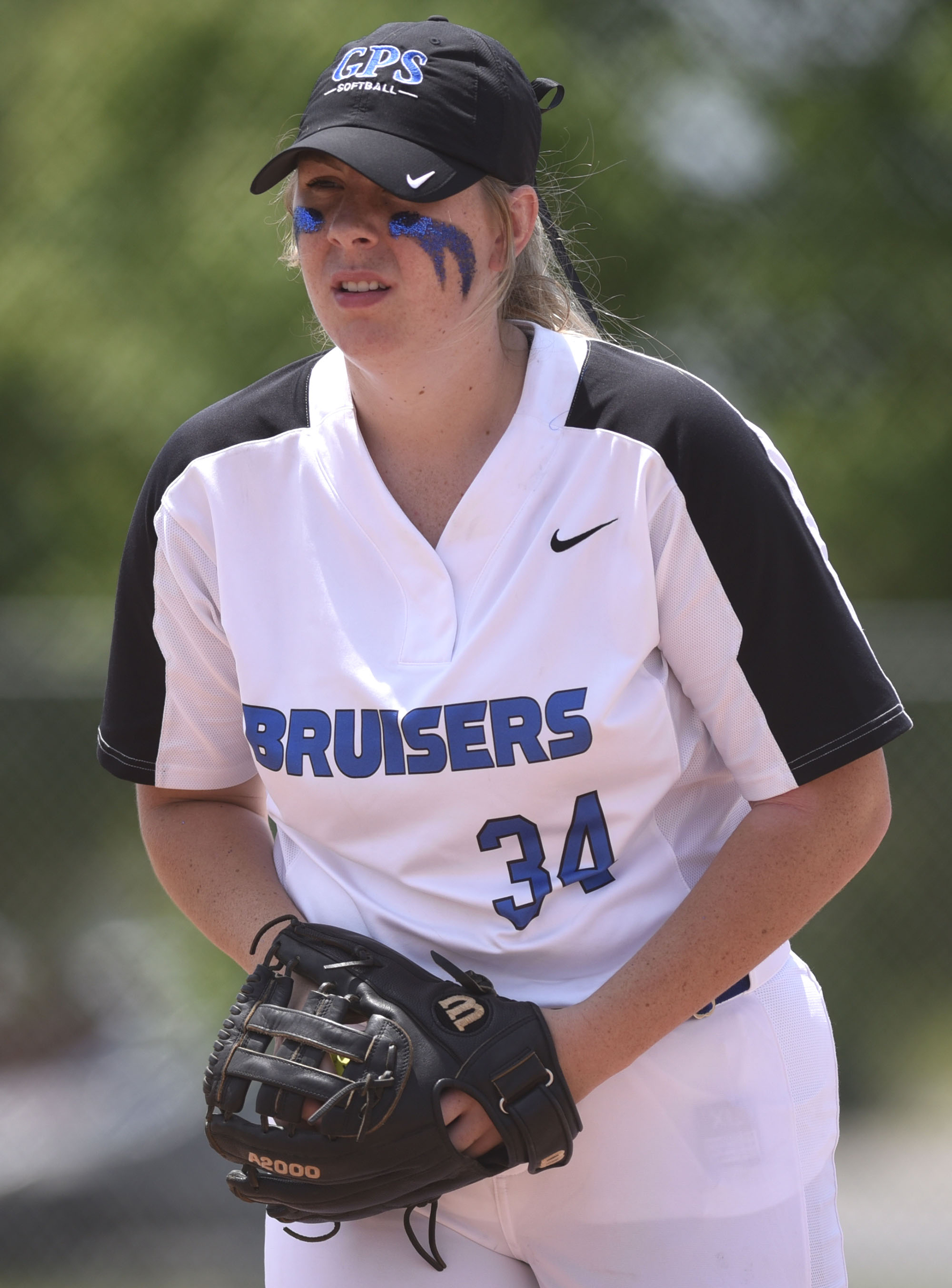 GPS pitcher Hannah Sanders (34) looks in for the sign. GPS faced Baylor in the semifinals of the TSSAA Division II Class AA State Girls's softball tournament at McKnight Fields on May 22, 2019.