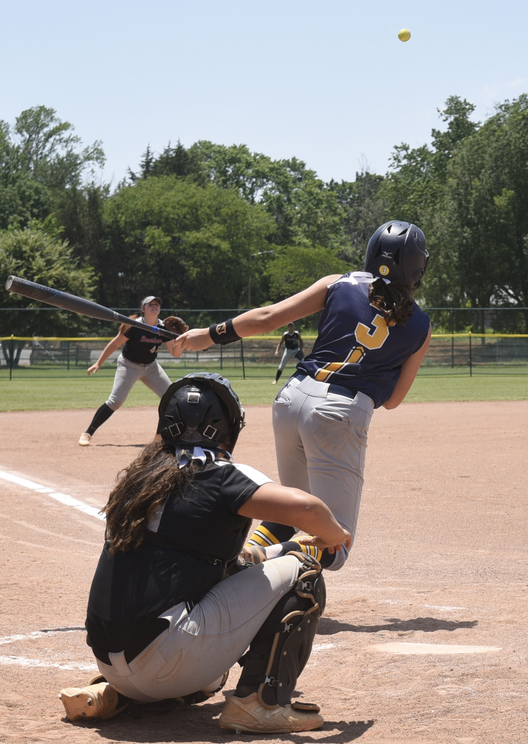 CCS's Mary Vandergriff (3) sends a ball into left field. Chattanooga Christian faced Davidson Academy in the quarterfinals of the TSSAA Division II Class A state girls's softball tournament held at the Starplex in Murfreesboro on May 22, 2019.