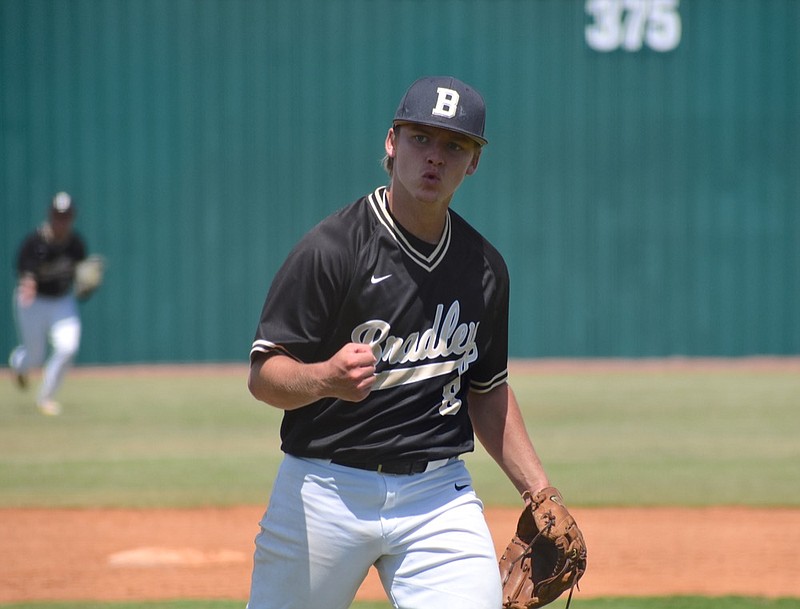 Bradley Central senior pitcher Dylan Standifer pumps his fist after one of his five strikeouts in Wednesday's 6-3 win over Independence in the Class AAA baseball state tournament at Oakland High School in Murfreesboro.