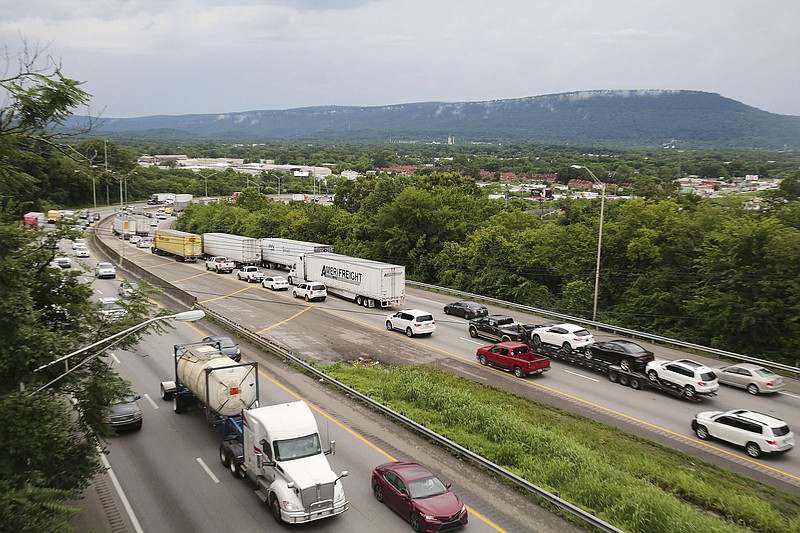 Heavy traffic hits both eastbound and westbound commuters along Interstate 24 Thursday, June 28, 2018 in Chattanooga, Tennessee. Traffic is expected to be heavy around Memorial Day weekend.