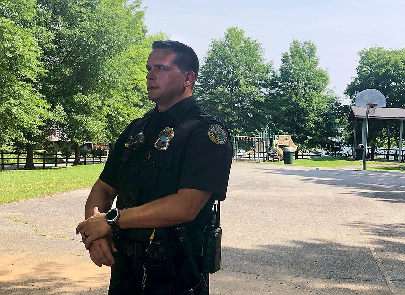 Chattanooga police Officer Jason Clemons speaks to reporters on May 23, 2019. He was one of the officers who located a missing Indiana teen three days prior.