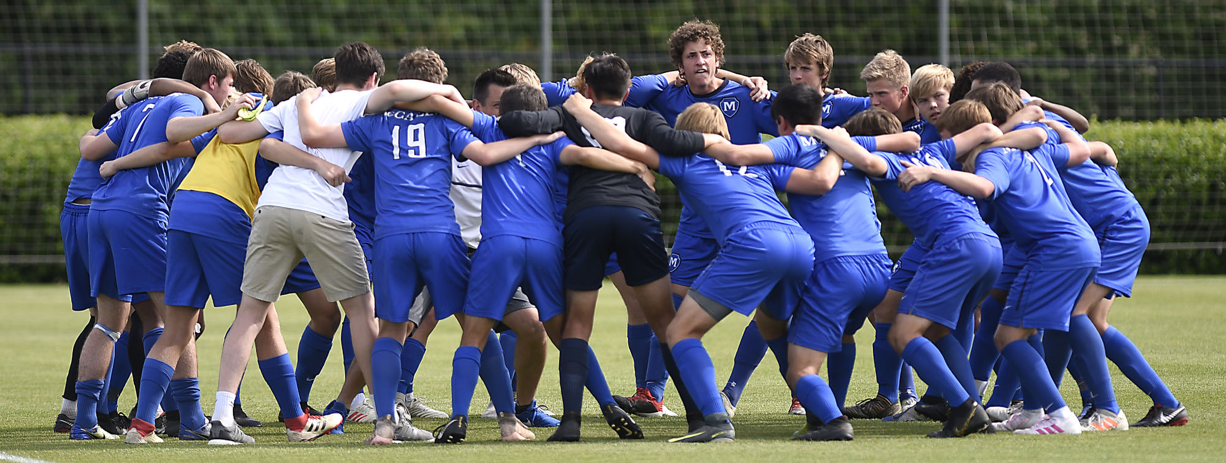 AP photo by Robin Rudd / McCallie soccer players get fired up before taking on Montgomery Bell Academy in the TSSAA Division II-AA championship game on May 23, 2019, at the Richard Siegel Soccer Park in Murfreesboro.